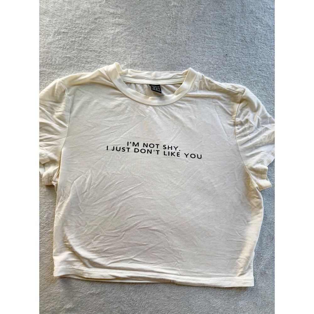 Graphic Crop Top Womens Medium White Slogan Short Sleeve T-Shirt Tee